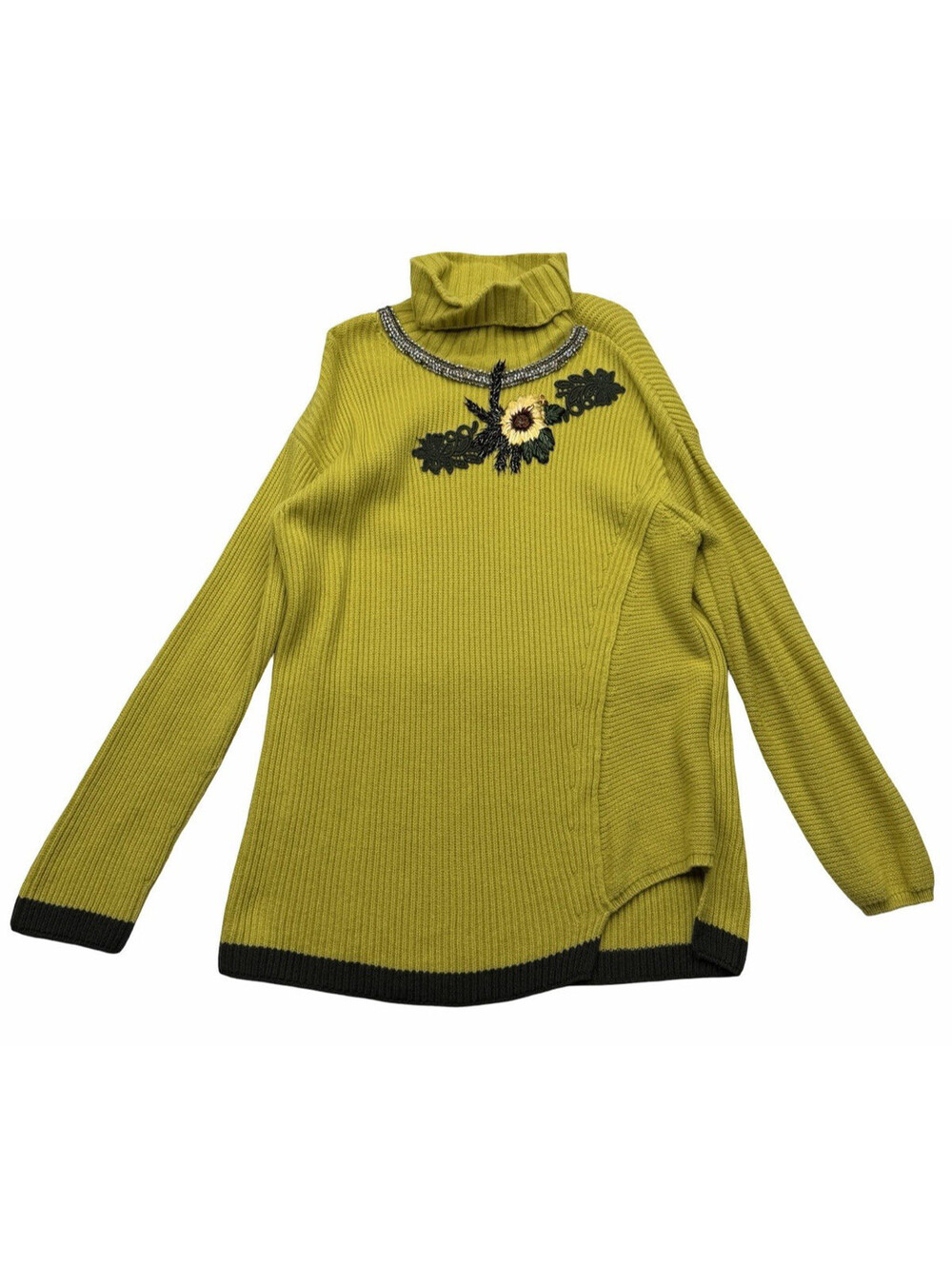 Antonio Marras Ribbed Knit Turtleneck Embellished Embroidered Sweater Chartreuse